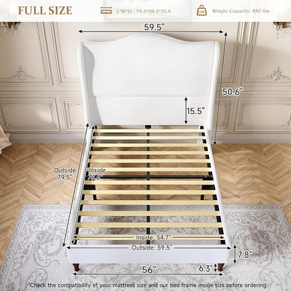 koorlian Full Size Upholstered Bed Frame with 51'' Tall Headboard, White | Reinforced Platform Bed, Easy Assembly, Soft Fabric, Sleigh Wingback, Solid Wood Retro Legs, Noise-Free, Classic & Simple