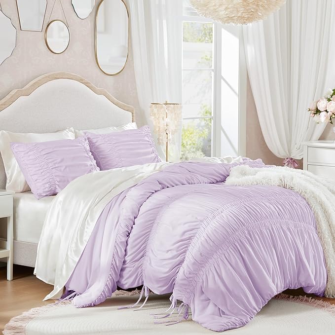 Intelligent Design King Comforter Set Ruched Shabby Chic Comforters for King Size Bed, All Season Lightweight Purple Ruffle, French Country Bedding Set, Shams, Ella, King/Cal King, Lavender 3 Piece
