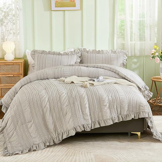 WONGS BEDDING Grey Textured Comforter Set Queen,3 Pieces Ruffle Farmhouse Shabby Chic Comforter for Queen Bed,Soft Seersucker Boho Bedding Set with 1 Ruffle Comforter,2 Tufted Pillowcases 90"×90"
