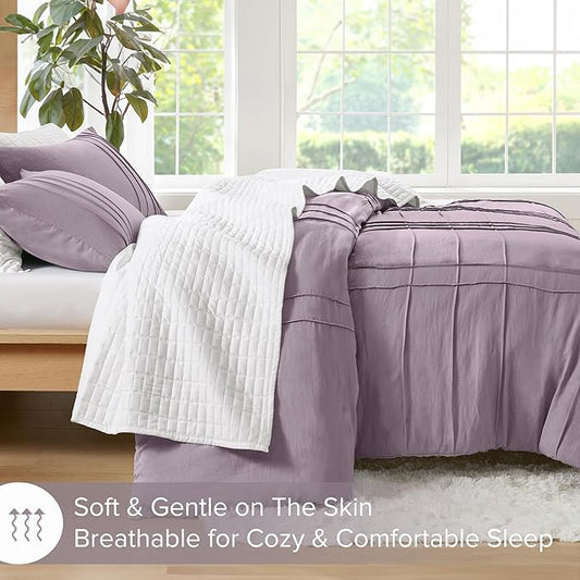 Comfort Spaces Purple Full Size Comforter Set - 3 Pieces Pintuck Pleated Bedding Sets, All Season Lightweight, Extra Softness Pre-Washed Microfiber Full Bed Set, Shams, Full