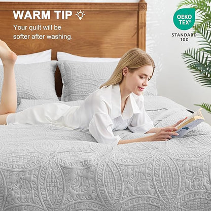 Love's cabin Oversized King Size Quilt Bedding Set Light Grey Bedspreads - Oversized King Lightweight Bedspread Comforter - Coin Pattern Coverlet for All Season - 3 Pieces (1 Quilt, 2 Pillow Shams)