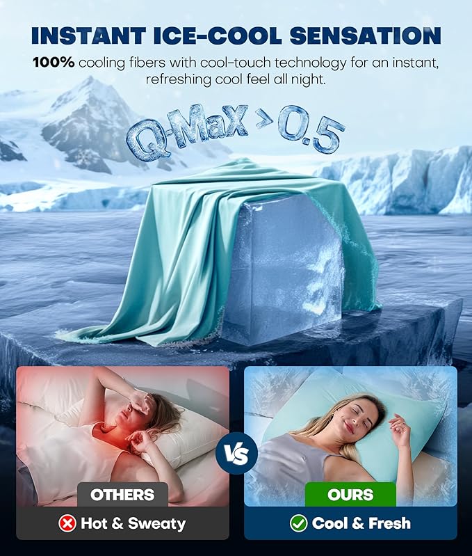 Ultra-Chill Cooling Pillowcase Set of 2 for Hot Sleepers, Softer Than Silk Pillow Cases for Protecting Hair & Skin, Breathable Bed Pillow Covers w/Zipper, Gifts for Women Men (Mint Blue, King)