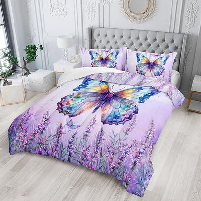 Lavender Comforter Set Queen Size,Violet Flower Butterfly 3 Piece Bedding Set Lightweight Down Alternative Spring Violet Bed Comforter and 2 Pillowcases for All Seasons