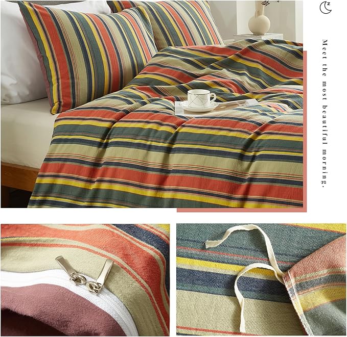 VM VOUGEMARKET Red Green Striped Duvet Cover Full Size Stylish Farmhouse Style Washed Cotton Multi-Color Stripes Bedding Set 1 Duvet Cover with 2 Pillowcases