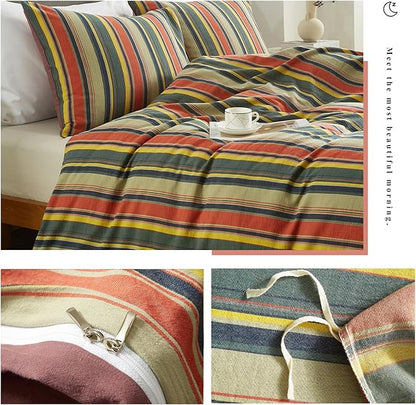 VM VOUGEMARKET Red Green Striped Duvet Cover Full Size Stylish Farmhouse Style Washed Cotton Multi-Color Stripes Bedding Set 1 Duvet Cover with 2 Pillowcases