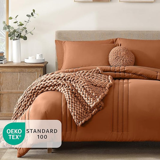 Monbix Super King Plus Size Comforter Set - 7 Pieces Burnt Orange Bed in a Bag Super King Plus Bedding Sets with Comforters, All Seasons Comforter Bed Set with Sheets,Pillowcases & Shams