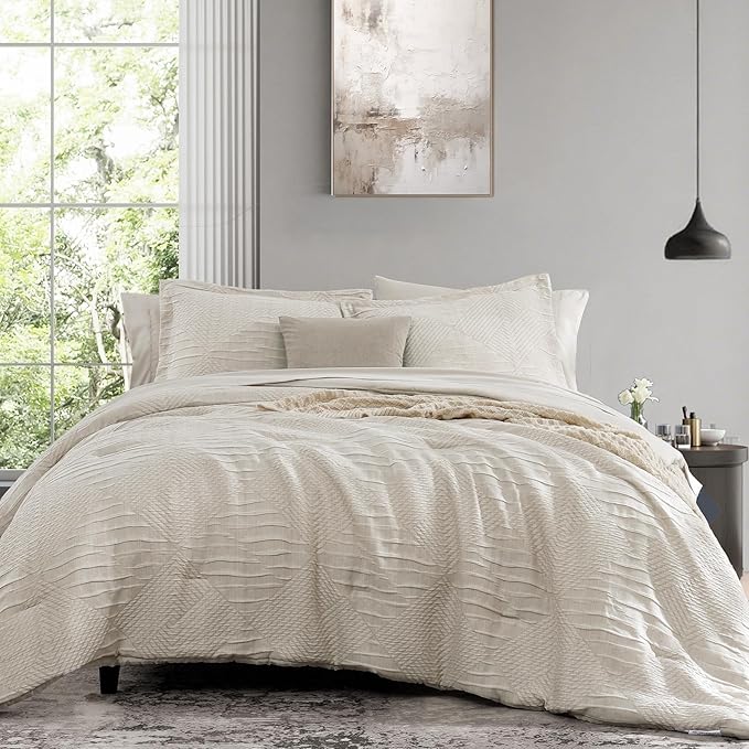 MaiRêve King Comforter Set Beige, Crinkle Textured Design Boho Bedding Set 7 Pieces Bed in A Bag, All Season Geometric Comforter Set with Sheets, Pillowcases & Shams