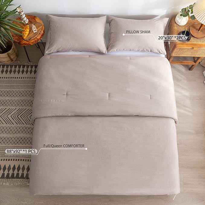 COTTEBED Ultra-Soft Queen Bedding Comforter Sets Bed, All Seasons Use Light Weight with Warm Fluffy Washable Cotton Microfiber,1 Bed Down Alternative Comforter & 2 Pillow Sham (Queen/Full Beige Brown)