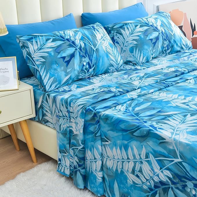 JSD Blue Tropical Leaves Print Sheet Set King, 4 Piece Soft Botanical Microfiber Bed Sheets Extra Deep Pocket