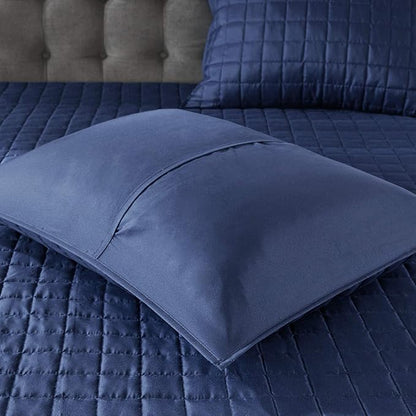 Madison Park Heritage Comforter Quilt Combo Set - Modern Luxury Design, All Season Down Alternative Bedding, Matching Shams, Decorative Pillows, Full/Queen(90"x90"), Color Block Navy 8 Piece