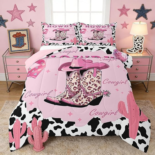 Castle Fairy Pink Cowgirl Bedding Set Queen Size Milk Cow Print Comforter Set for Girls Room Decor Modern Leopard Cowboy Boots Down Comforter Desert Cactus Quilt Set with 2 Pillowcases