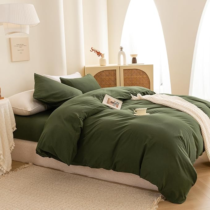 ECOCOTT 3 Pieces Duvet Cover Set Full Size 100% Washed Cotton 1 Cover with Zipper and 2 Pillowcases, Ultra Soft and Easy Care Breathable Cozy Simple Style Bedding Set (Avocado Green)