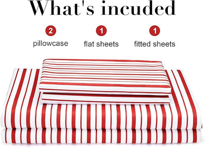 Burgundy Red Striped Sheets Set Queen Size 4 Piece - Super Soft, Easy Care & Breathable Red and White Pinstripe Bed Sheet Set with 16-Inch Deep Pockets, Great Gift for Christmas & Birthday