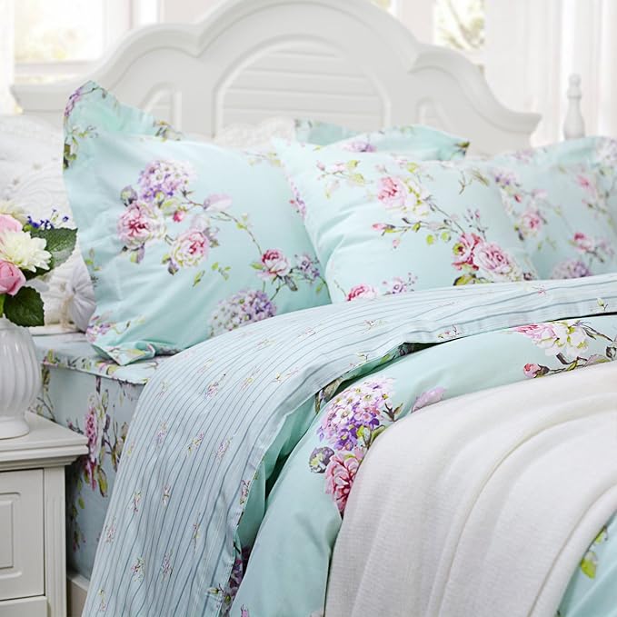 FADFAY Girls Bedding Floral Duvet Cover Set Twin Size Hydrangea Flower 100% Cotton Soft Quilt Cover Set Reversible Zipper Green Blue Bed Cover 3 Piece- No Filling