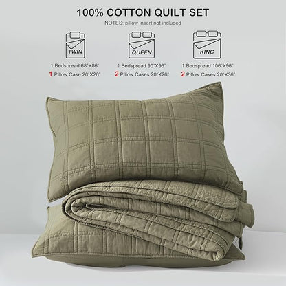 HORIMOTE HOME 100% Cotton Quilt King Size Olive Green Bedspread, Pre-Washed 3-Piece Cozy Lightweight Stitching Bedding Cover Coverlet Set with 2 Shams in Geometric Pattern for All Season