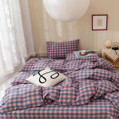 EAVD Pink&Purple&Blue Gingham Plaid Duvet Cover Full Soft 100% Washed Cotton Reversible Modern Grid Checkered Bedding Set with 2 Pillowcases Farmhouse Gingham Duvet Cover with Zipper Closure