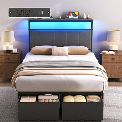 Twin Bed Frame with 2 Storage Drawers, Grey Upholstered | Headboard with Charging Station and LED Lights, Metal Platform Bed with Storage Shelf, Noise Free, No Box Spring Needed