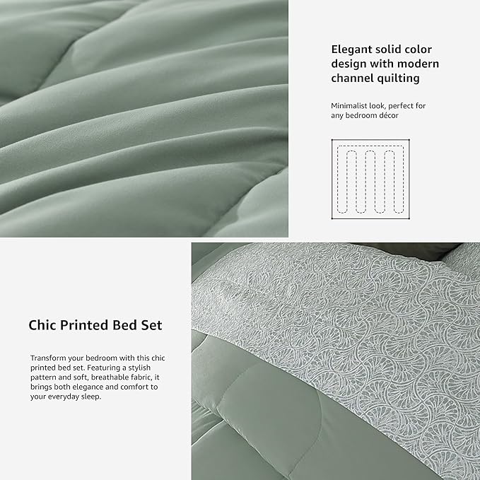 Monbix King Size Comforter Set - 7 Pieces Bed in a Bag King, Sage Green Track Stitching Bedding Sets, All Seasons Bed Set with Sheets, Pillowcases & Shams