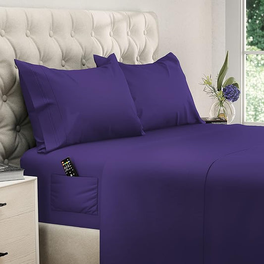 DREAMCARE Full Size Sheets - Cooling Bed Sheets - 4pcs Set - up to 15" Deep Pocket Full Sheet Set - Sheets Full Size Bed - Soft & Long Lasting 100% Fine Brushed Polyester with Side Pocket - Purple