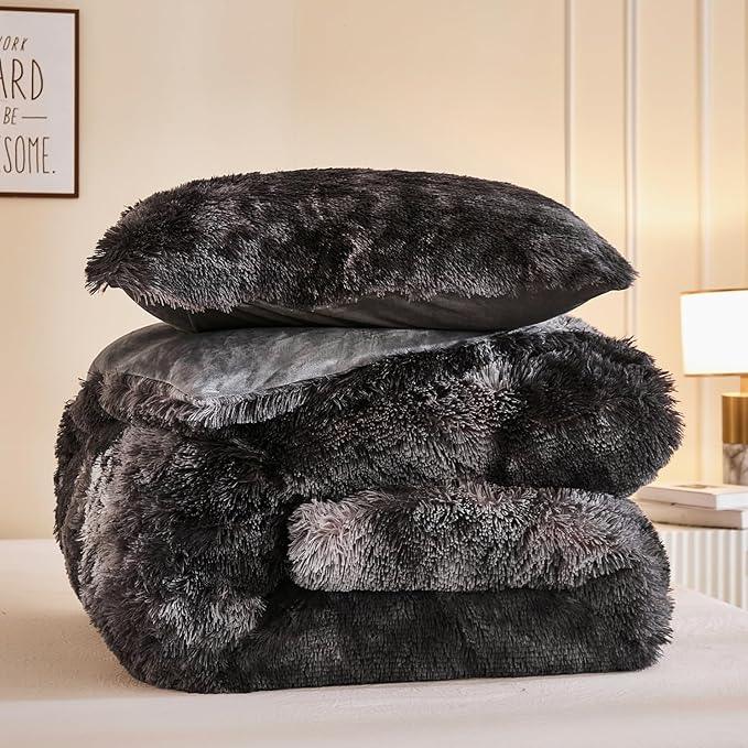 Andency Faux Fur Tie-Dyed Dark Grey Comforter Set Full Size, 3 Pieces Fluffy Fuzzy Plush Bedding Comforter Set (1 Shaggy Velvet Comforter & 2 Pillowcases), Soft Puffy Down Comforter Bedding Set