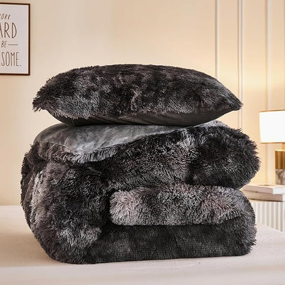 Andency Faux Fur Tie-Dyed Dark Grey Comforter King Size, 3 Pieces Fluffy Fuzzy Plush Bedding Comforter Set (1 Shaggy Velvet Comforter & 2 Pillowcases), Soft Puffy Comfy Down Comforter Bedding Set