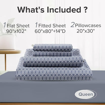 Comfort Spaces 100% Cotton Sheets Queen, Breathable, Naturally Cool Cotton Sheets, Soft Cotton Bed Sheets with 14" Elastic Pocket Fits up to 16" Mattress, All Seasons Sheet Set, Diamond Blue 4 Piece