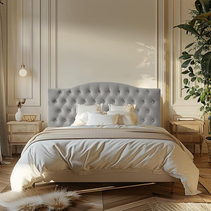 Furpopup Velvet Queen Headboard Only, Upholstered Wall Mount, Silver Gray | 2 ways to use:Wall-mounted (for adjustable bed) and bed frame mounted, Easy to assemble, Classic button design headboard