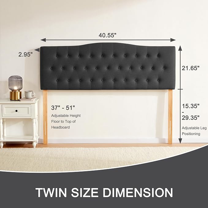 Tufted Headboard Twin Size, Solid Wood Adjustable Height Head Board, Black | Upholstered Twin XL Headboard Only, Durable Solid Wood Legs, Adjustable Height 37-51 in, Fabric Button Diamond HeadBoards