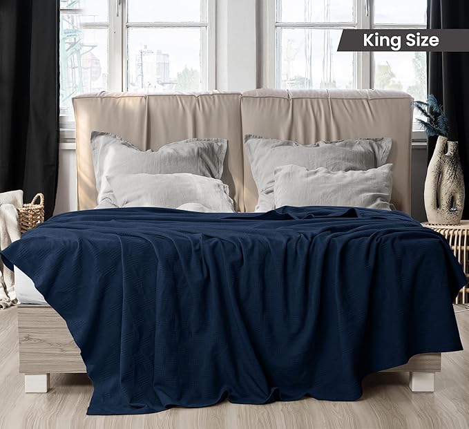 Utopia Bedding Navy 100% Cotton Blanket [King Size - 90x108 Inch] Lightweight, Soft and Breathable Thermal Blanket for All Seasons
