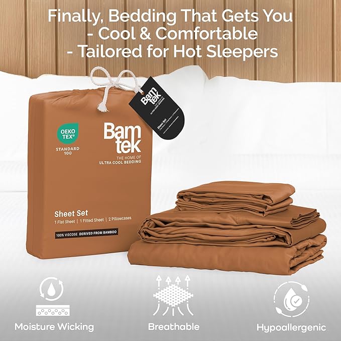 Viscose Bamboo Sheets - Cal King Sheet Set 4PC - Cooling Sheets for Hot Sleepers with Moisture Wicking Technology - Silky Soft 18 Inch Deep Pocket - Almond 72"x84"