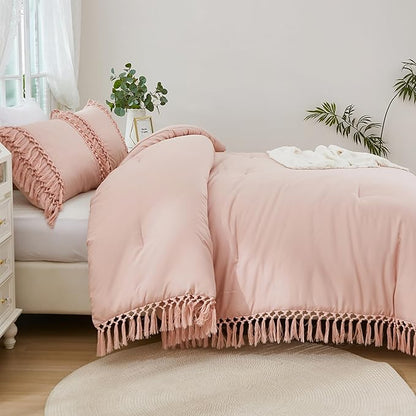 Andency Pink Comforter Set King, 3 Pieces Boho Tassel Lightweight Soft Bedding Comforter Sets for King Bed, All Season Fluffy Fringe Bed Set (104x90In Comforter & 2 Pillowcases)