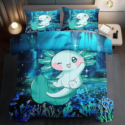 Cute Axolotl Comforter Set Kids Blue Axolotl Bedding Set Boys Girls King Size Kawaii Ocean Animal Print Comforter Boys Girls Ocean Sealife Room Decor Blue Fish Quilt Bedding