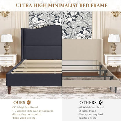 koorlian Queen Upholstered Bed Frame with 51'' Tall Headboard, Dark Navy | Reinforced Platform Bed, Easy Assembly, Soft Fabric, Sleigh Wingback, Solid Wood Retro Legs, Noise-Free, Classic & Simple