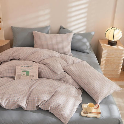 HighBuy Pink Blue Gingham Comforter Set King Modern Plaid Checkered Pattern Comforter 3 Pieces Grid Comforter with 2 Pillowcases Soft Fluffy Gingham Bedding Set Farmhouse