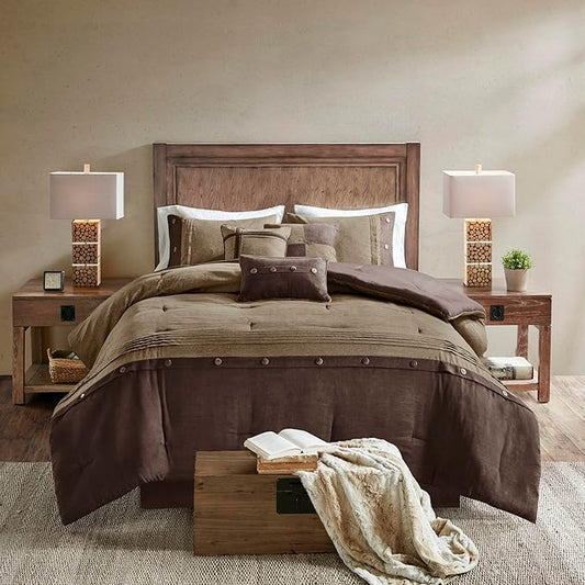 Madison Park Boone Cozy Comforter Set, Faux Suede, Deluxe Hotel Styling All Season Down Alternative Bedding Matching Shams, Decorative Pillow, Queen (90 in x 90 in), Rustic Brown 7 Piece