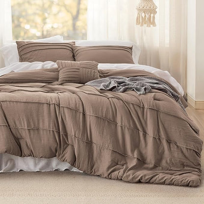 Bedsure California King Comforter Set - 4 Pieces Pinch Pleat Bed Set, Brown Boho Bedding for All Season, 1 Soft Comforter, 2 Pillowcases, 1 Decorative Pillow