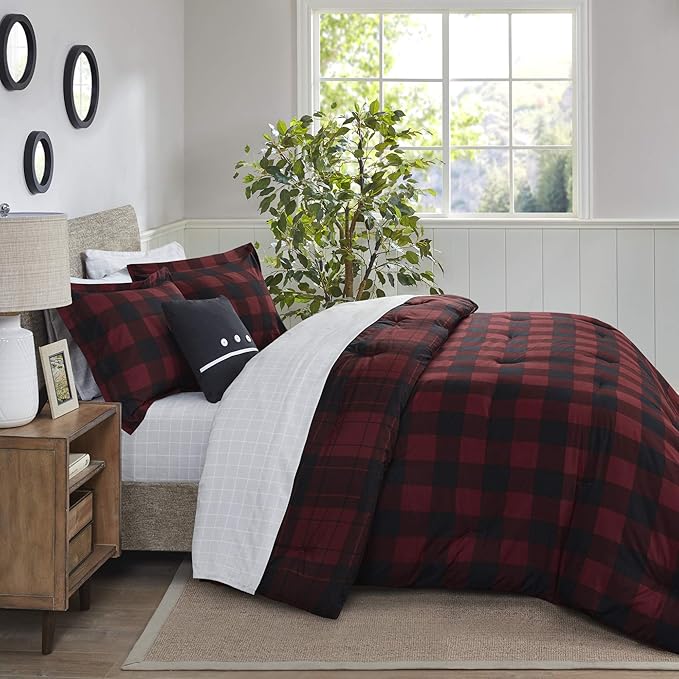Madison Park Essentials Cozy Bed in A Bag - Reversible Comforter with Complete Sheet Set, Casual Plaid Cabin Design, All Season Cover, Decorative Pillow, Everest Plaid Red Twin(68"x86") 6 Piece