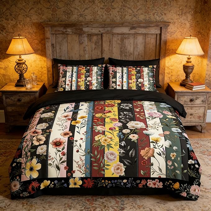 Vintage Black Floral Comforter Set Full for Girls, 3Pcs Stripe Patchwork Bedding Set for Women, Farmhouse Country Botanical Floral Quilted Comforter with 2 Pillowcases, 79"x90"