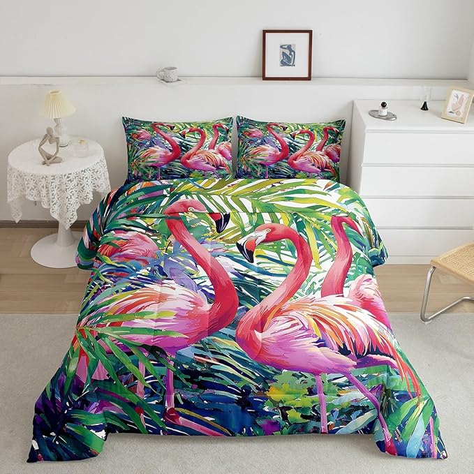 Erosebridal Flamingo Comforter Set Full Size, Tropical Leaves Room Decor Down Comforter, Palm Tree Pattern Quilted Duvet, Colorful Comforter Set, with 2 Pillow Cases,Super Soft Breathable