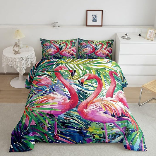 Erosebridal Flamingo Comforter Set Full Size, Tropical Leaves Room Decor Down Comforter, Palm Tree Pattern Quilted Duvet, Colorful Comforter Set, with 2 Pillow Cases,Super Soft Breathable