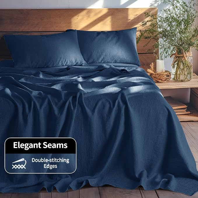 LBRO2M 100% Pure Linen Sheet Set Deep Pocket Up to 16" Bed Sheets Sets, Natural Flax Beddings Soft, Breathable, Comfortable for All Seasons 4 Pcs Sheet Set Full Size, Navy Blue