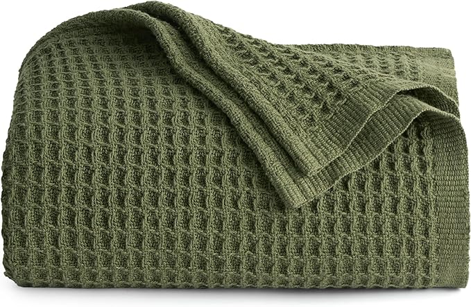 Bedsure Gentlesoft 100% Cotton Throw Blanket for Couch 50x70 inches - Breathable and Soft for Spring Summer, Waffle Weave Throw Blanket for Office, Olive Green