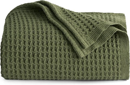 Bedsure Gentlesoft 100% Cotton Throw Blanket for Couch 50x70 inches - Breathable and Soft for Spring Summer, Waffle Weave Throw Blanket for Office, Olive Green