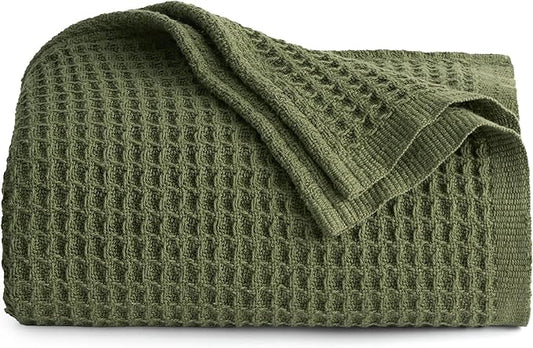 Bedsure Gentlesoft 100% Cotton Throw Blanket for Couch 50x70 inches - Breathable and Soft for Spring Summer, Waffle Weave Throw Blanket for Office, Olive Green