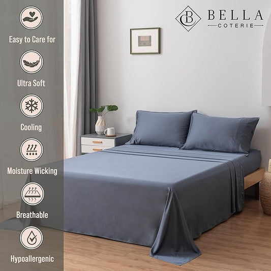 Bella Coterie Luxury Bamboo Viscose Queen Size Sheet Set | 100% Organically Grown | Ultra Soft | Cooling for Hot Sleepers | 18" Deep Pocket [Slate Blue]