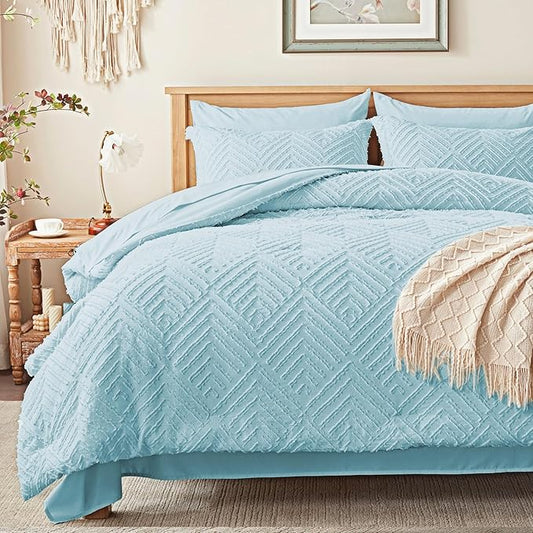 Zzlpp Full Comforter Set 7 Pieces, Light Blue Tufted Bed in a Bag with Comforter and Sheets, All Season Boho Bedding Sets with Comforter, 2 Pillow Shams, 2 Pillowcases, 1 Flat Sheet, 1 Fitted Sheet