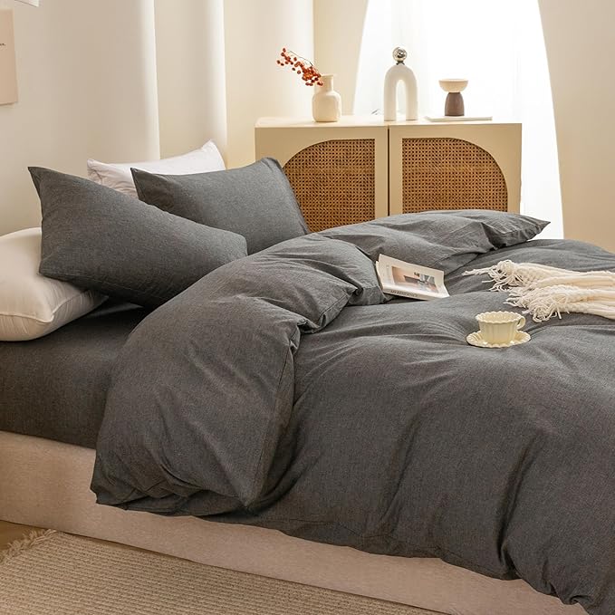 ECOCOTT Duvet Cover Set, 100% Washed Cotton Linen-Like Textured Soft & Breathable, Durable Comfy Bedding Set for All Seasons (Grey, Full)