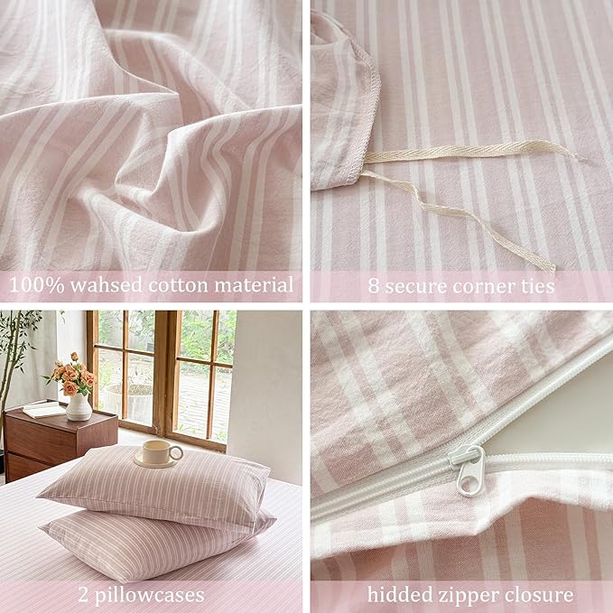 Striped Duvet Cover Set 100% Washed Cotton Linen Like Soft Feelling Breathable Bedding(Greyish Pink/White Strip,Twin)