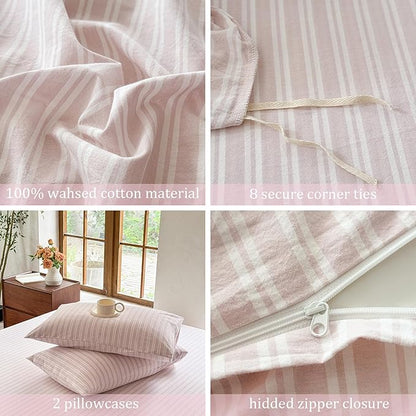 Striped Duvet Cover Set 100% Washed Cotton Linen Like Soft Feelling Breathable Bedding(Greyish Pink/White Strip,Twin)