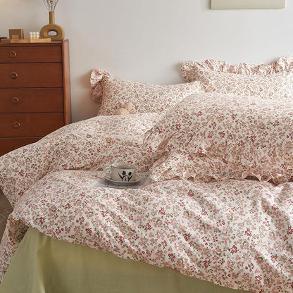 HighBuy Ruffle Comforter Set Full Size Pink Floral Printed Bedding Comforter Set Full Girl Flowers Bohemian Bedding Sets for All Season Comfy Soft Full Bed Comforter with 2 Pillowcases